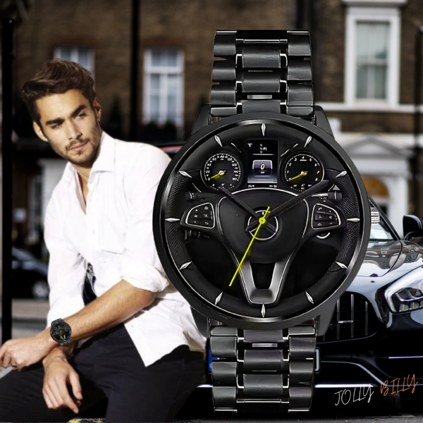 JollyBilly Men's Car Steering Wheel Inspired Analogue Wrist Watch, || Analog Stainless Steel || Quartz Movement|| Men's Black Stainless Steel Watch - Image 4