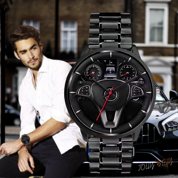 JollyBilly Car Steering Wheel Inspired Black Stainless Steel Wrist Watch || Quartz Movement|| - Image 4
