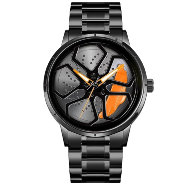 JollyBilly Car Wheel Watch, Stainless Steel Watch with Japanese Quartz Movement, Luxury Men's Wristwatch, Black Stainless Steel, Orange Accents