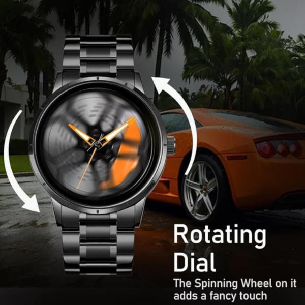 JollyBilly Car Wheel Watch, Stainless Steel Watch with Japanese Quartz Movement, Luxury Men's Wristwatch, Black Stainless Steel, Orange Accents - Image 2