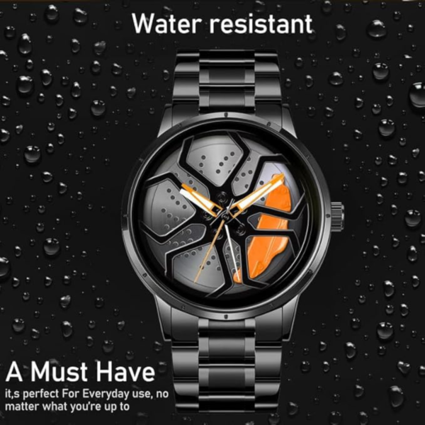 JollyBilly Car Wheel Watch, Stainless Steel Watch with Japanese Quartz Movement, Luxury Men's Wristwatch, Black Stainless Steel, Orange Accents - Image 3