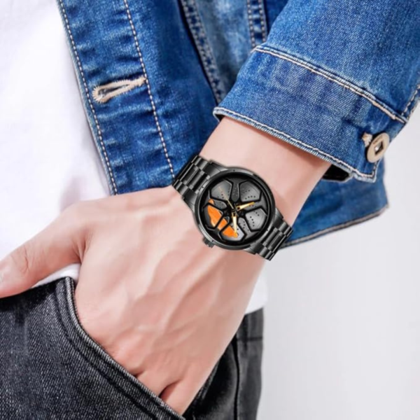 JollyBilly Car Wheel Watch, Stainless Steel Watch with Japanese Quartz Movement, Luxury Men's Wristwatch, Black Stainless Steel, Orange Accents - Image 4