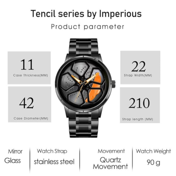 JollyBilly Car Wheel Watch, Stainless Steel Watch with Japanese Quartz Movement, Luxury Men's Wristwatch, Black Stainless Steel, Orange Accents - Image 5